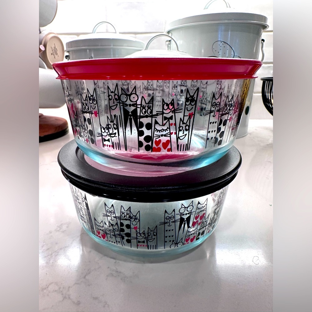 Set 2 New Pyrex 4 cup glass containers cat city